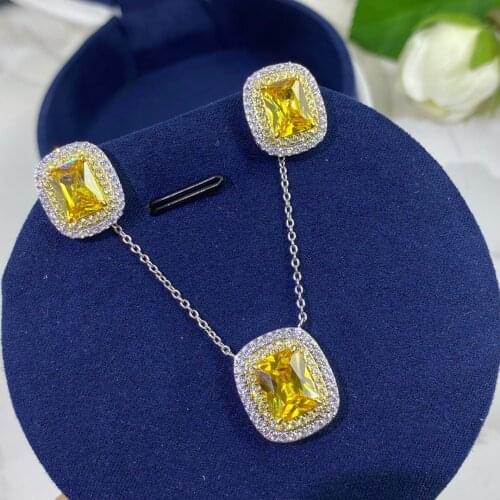 Luxury 100% 925 Sterling Silver Princess Cut Created Moissanite Citrine Wedding Party Fashion Pendant Necklace Fine Jewelry