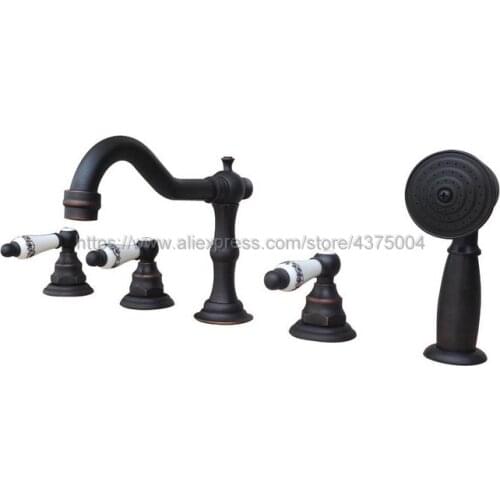 Black Brass 5pcs Bathroom Tub Sink Faucet with Hand Shower Deck Mounted 5 Holes Three Cross Handles Bathtub Taps Ntf064
