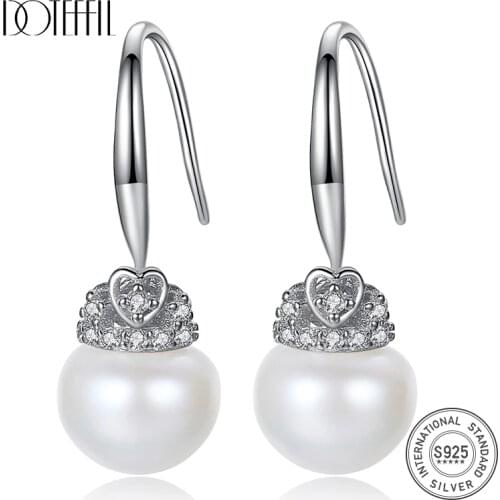 DOTEFFIL 10mm White/Pink/Purple Pearl 925 Sterling Silver Heart Zircon Earrings For Women Wedding Engagement Charm Jewelry