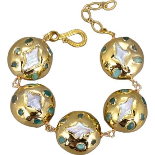 GG Jewelry Natural White Pearl Star Shape Green Chrysoprases Gold Color Plated Edge Bracelet 8" For Women