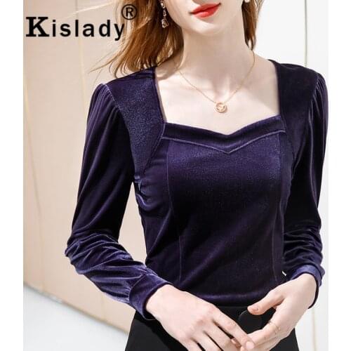 Kislady Korean Square Collar Puff Sleeve Gothic Women Shirts Sexy High Street Harajuku Pleuche Shirts Tops Vintage Solid Clothes