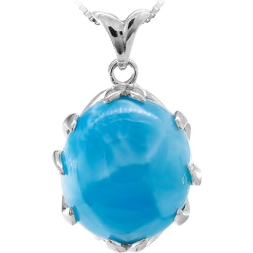 Natural larimar 925 sterling silver pendant for women, big oval shape, deep blue color fashion and classical jewelry