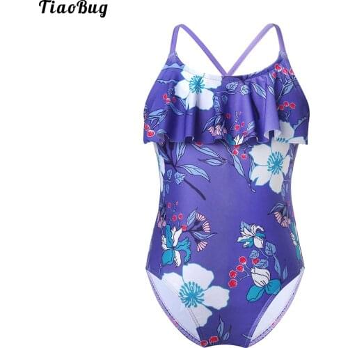 TiaoBug Summer Kids Girls One-Piece Bikini Ruffle Neck Spaghetti Shoulder Straps Criss Cross At Rear Floral Print Beach Swimwear