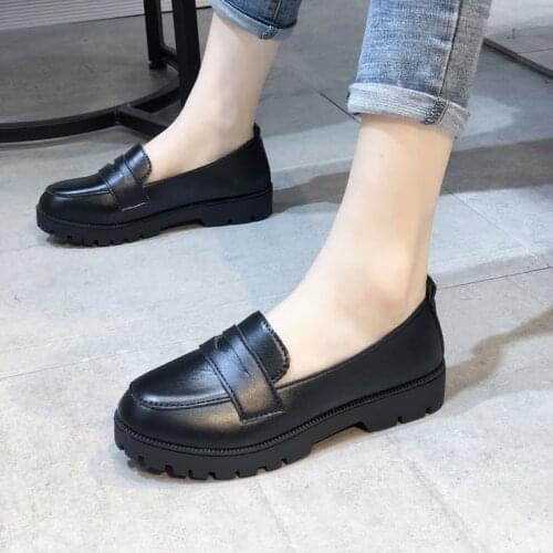 New Woman Solid Black PU Leather Loafers Zapatos De Mujer Dropshipping Casual Women Slip on Flats Round Toe Platform Shoes 35-45