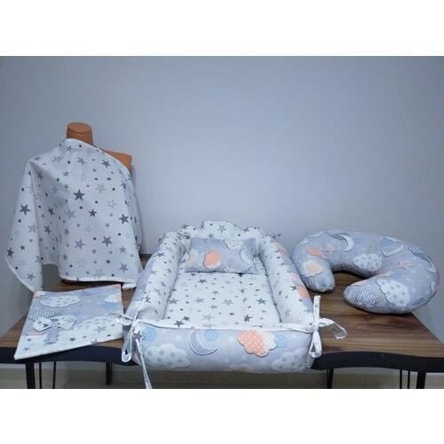 Miniks Cotton 5 Piece Kombin Babynest and Breast-Feeding Bib Set Cushion
