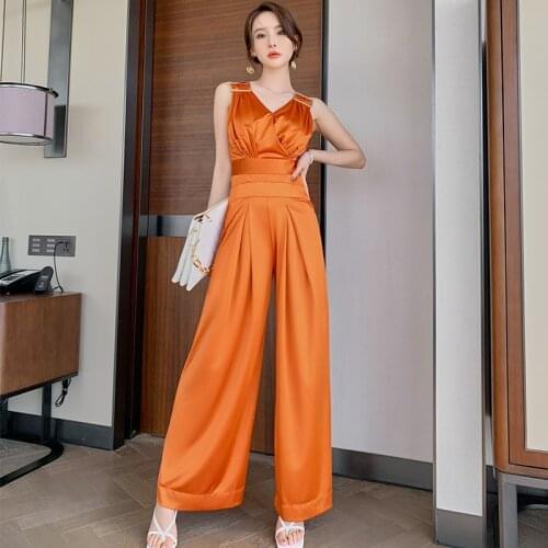 Fashion Summer Casual Vintage Wide Leg Pants Jumpsuits Women Elegant Sexy Tank V-Neck Sleeveless Satin Party Loose Long Rompers