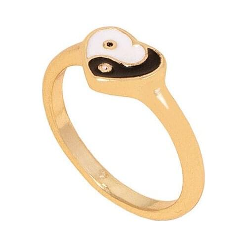 Ins Trendy Gold Chinese Yin Yang Black White Enamel Heart Irregular Minimalism Finger Rings Korean Fashion Women Party Jewelry