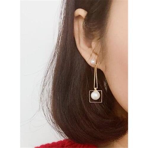 New Cute square earrings elegant imitation pearls long earrings Sweet tassel stud earrings Valentines Day present for woman