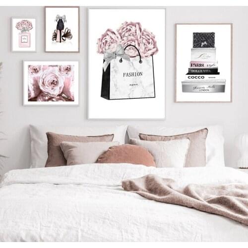 Self-adhesive Wall Stickers Nordic Abstract Flower Woman Pink Bag High Heels Perfume Wall Art Poster Pictures Room Decoration