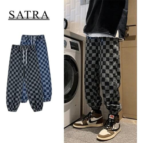 SATRA 2021 New Arrival Spring High Quality Chic Plaid Jeans Men ,Mens Fashion Casual Haren Pants,Ankle Banded Pants