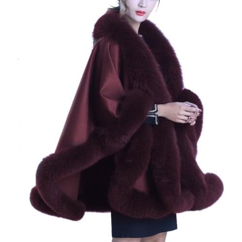 Latest Ladys Real Cashmere Genuine Fox Fur Women Trim all around Poncho/Cape/ Party Winter Fashion Warm