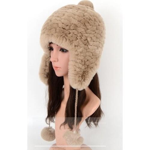 Real Rex Rabbit Fur Hat with Earflap New Design Winter Warm Knitted Cap for Girl Women Big Pompom H5
