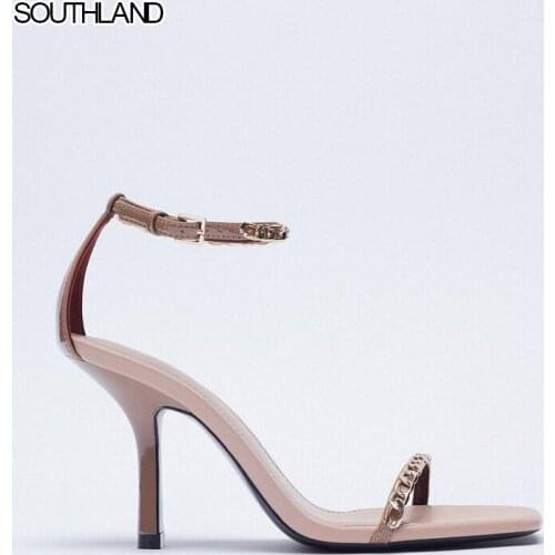 SOUTHLAND Womens Shoes Chain Buckle High Heel Sandals Fairy Summer 2021 New Square Toe Chain Ankle Strap Sandals