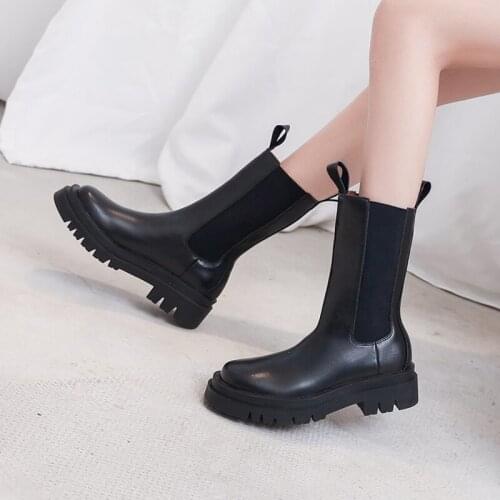 2020 Vintage Style Genuine Pu Women Boots Flat Booties Soft Heel Womens Shoes Slip-on Boots Zapatos Mujer