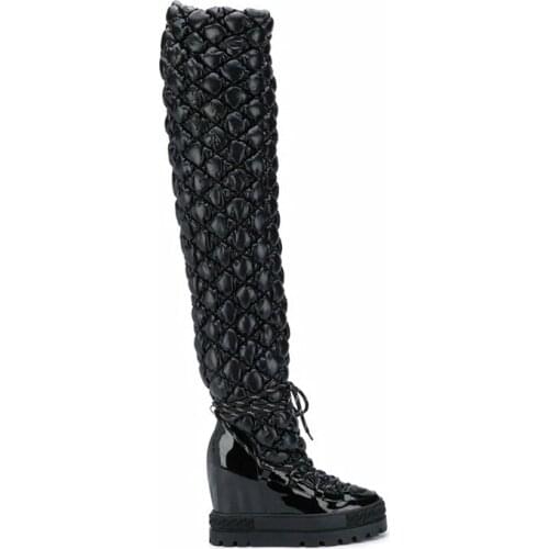 Black Sewed Space Leather Thigh Boots Thick Platform Sole Bandage Embossed Leather Increased Heel Ladies Over the Knee Boots