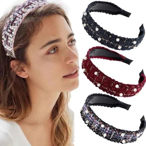 Haimeikang Plaid Pearl Hair Hoop Hairbands For Women Pearls Fashion Bezel Hair Accessories New Retro Headwear Wide Headband
