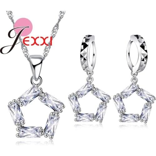Women Wedding Bijoux Fashion 925 Sterling Silver Jewelry Sets Pentagram Crystal Necklaces Earrings Female Wedding Gift
