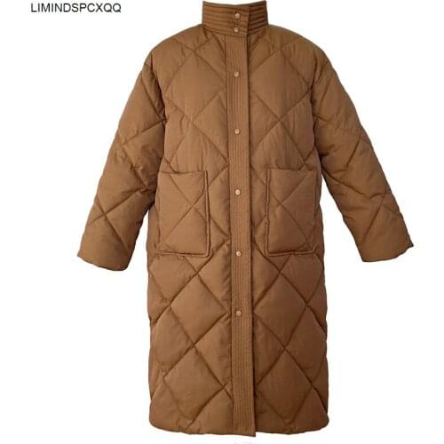 2021 Winter New Korean Style Long Cotton-padded Coat Womens Casual Stand-up Collar Argyle Pattern Oversized Parka Chic Jacket