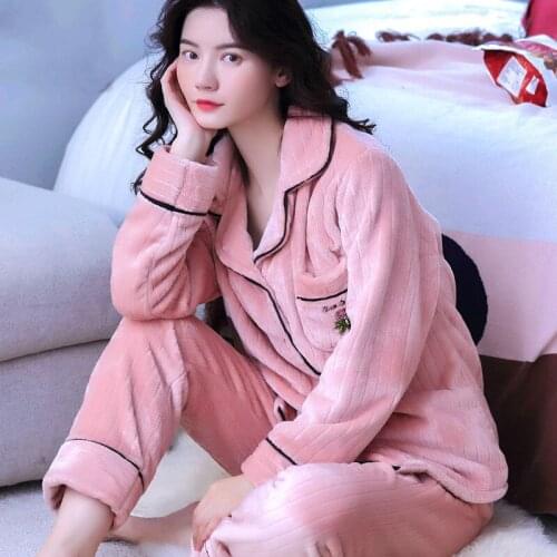 H5843 Winter Pajamas Suit Women Coral Velvet Flannel Loose Sleepwear Middle-aged Female Household Clothes Mother Warm Nightgown