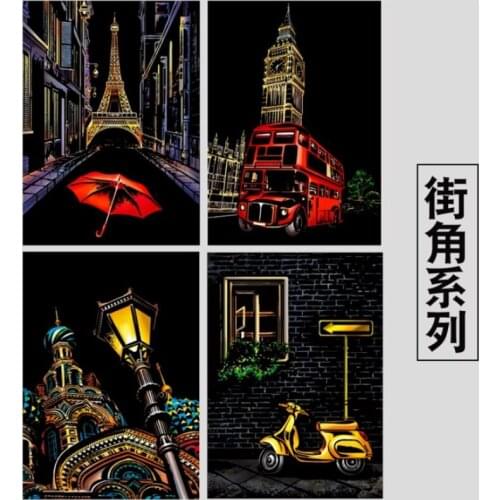 1 Set Street Corner Series A4 Night Scene Scratch Painting City Night Scene Scratch Card Handmade DIY Stencils Painting Template