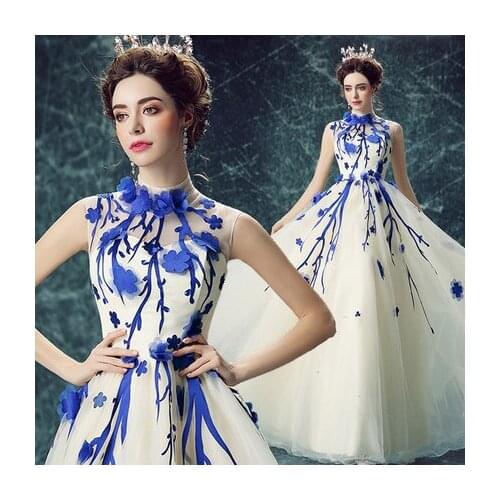 100%real royal blue flower vine medieval dress Renaissance ball gown Sissi princess Victoria/Antoinette/ Belle Ball