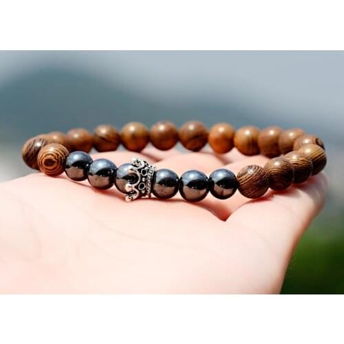 2019 Trendy Crown Bracelet Men Jewelry Fashion Handmade Charm Hematite Wood Beads Bracelet Male Elastic Pulseira Bileklik