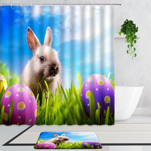 3D Cute Bunny Shower Curtains Green Meadow Grass Easter Decoration Background Cloth Bathroom Decor Anti-Slip Carpet Bath Screen
