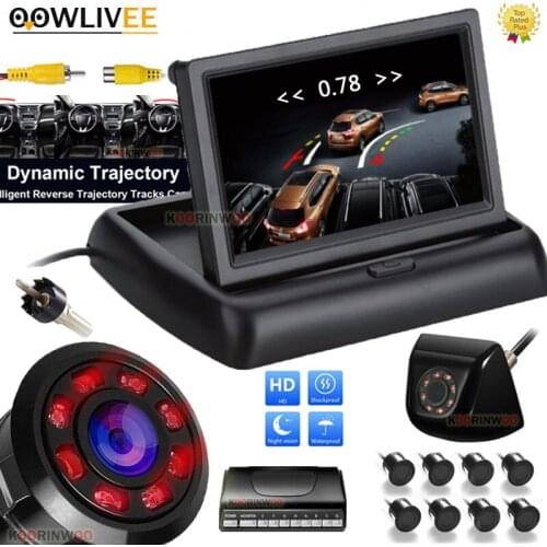 OOWLIVEE Car Intelligent Parktronic 8 HD Folding Monitor Car Parking Sensor Back + Front Camera Dynamic Trajectory Camera Bumper