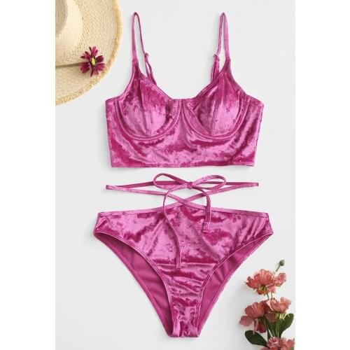 ZAFUL Underwire Velvet Tie High Waist Tankini Swimwear Women Summer Padded Push Up Bikini Set Sexy Cami Swimwear Female Beach