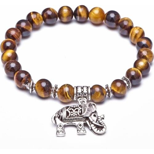 Bracelet Jewelry Yellow Tiger Eye 8mm Beads Stone Elephant Charm Single For Men Women Chakra Single Circle Vintage Bracelets