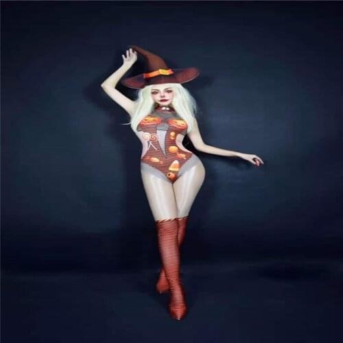 H131 Bodysuit Leotard Singer Pole Dancer Halloween Pumpkin Suit Elastic Stretched Party Cosplay Uniform Prom Costume Show Model