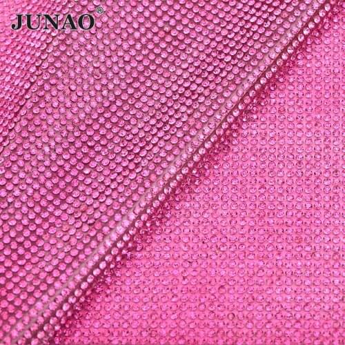 JUNAO 24*40cm Rose Rhinestone Trim Mesh Crystal Fabric Sheets Glass Ribbon Trim Diamond Applique Strass Banding For Clothes