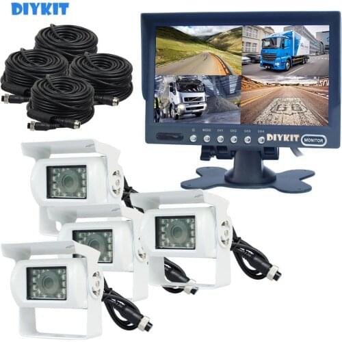 DIYKIT 7" 4 Split QUAD Backup Rear View Car Monitor +Waterproof IR Night Vision Reversing Rear View Camera White for Truck Bus