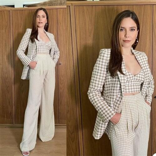 Plaid Women Suits Newest Design 3 Pieces Pant Suit Custom Made Sexy V Neck Waistless Jacket+pant +Vest Office Lady Suit