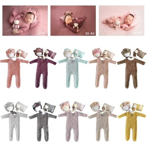 4 Pcs/Set Photo Shooting Clothing Outfits Baby Infants Hat Pillow Romper Jumpsuit Bear Doll Newborn Photography Props