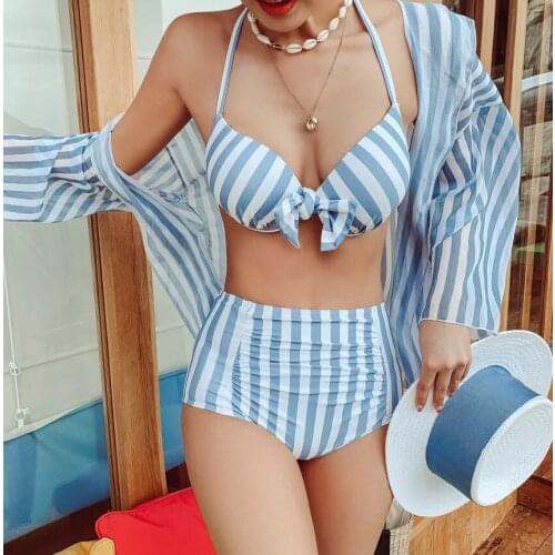 Three Pieces Bikini Set Cover Up Swimwear Women Swimsuit Striped Print Long Sleeve Mesh Bathing Suit Beachwear Swimming Biquini