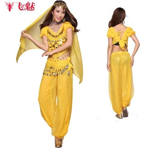 India dance Performances Suit (Top+Bloomers/ pants+coins Belt +Head chain Veil)4pcs/set Belly dance stage performance clothing