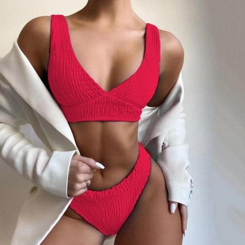 Summer Bikinis Sexy High Waist Solid Color Push Up Padded Backless Pleated Swimsuit Bikini Set Swimwear for Swimming купальник