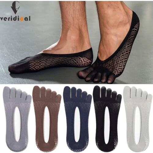 Summer Invisible No Show Five Finger Socks Mens Thin Velvet Non-Slip Mesh Breathable Elastic Solid Silk Socks With Toes EU 38-43