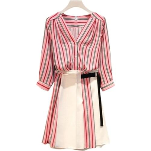 2019 summer new large size sexy v-neck stripe top + chiffon web celebrity skirts two-piece set
