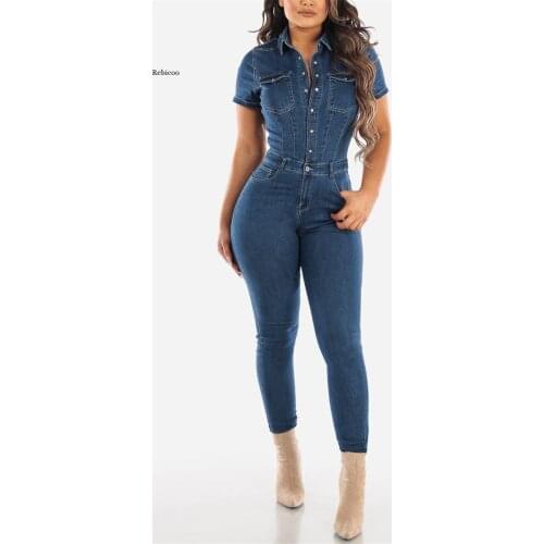 Summer Casual Fashion Blue Denim Jumpsuit for Women Slim Short Sleeved Pencil Jeans Skinny Denim Jumpsuit Female