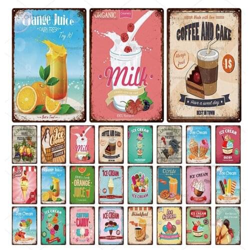 Foods Drinks Metal Poster Orange Juice/Ice Cream/Breakfast Wall Decoration For Cafe Dessert Shop Kitchen Plaque Vintage Tin Sign