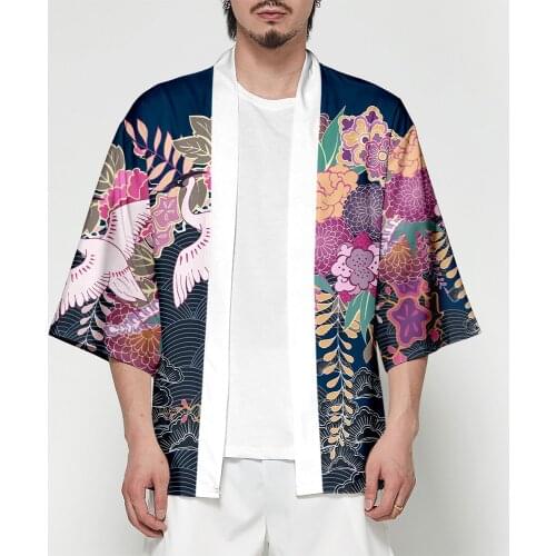 Trendy Samurai crane Japanese cosplay kimono Casual unisex bathrobe Cardigan Traditional Japanese Costume Asian clothes Kimono