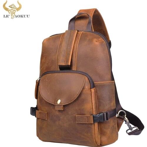 2020 New Men Crazy Horse Leather Casual Vintage Triangle Chest Sling Bag 8" Design Travel One Shoulder Crossbody Bag Male 3028