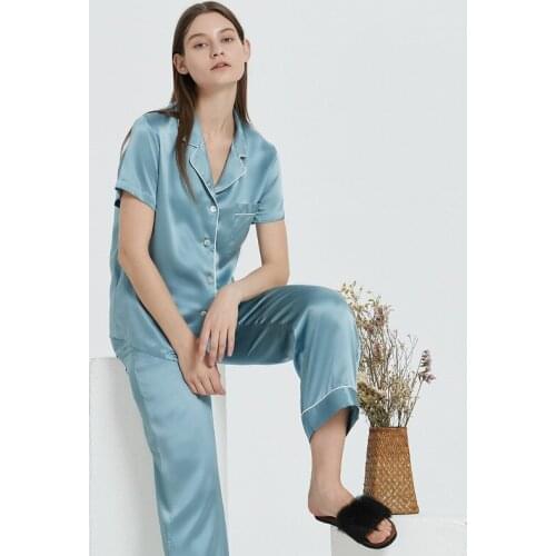 100% silk pajamas women suit natural mulberry pyjamas set Sleepwear Classic short-sleeved trousers
