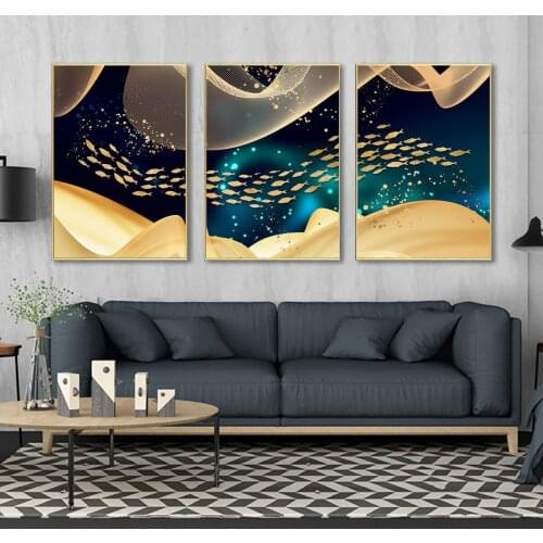 Golden Swimming Fish Ocean Poster Canvas Print Painting Wall Art Living Room Home Decoration
