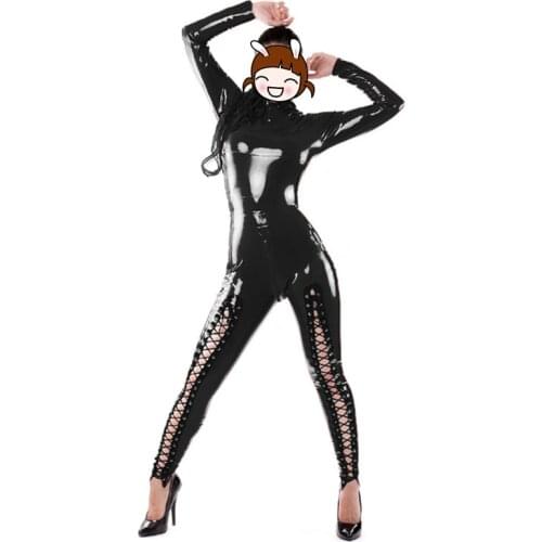 Sexy Latex Catsuit Erotic Black Faux Leather Leotard Rivet Lace Up Turtleneck Bodysuit 2016 Costumes Wetlook Catsuit Jumpsuit