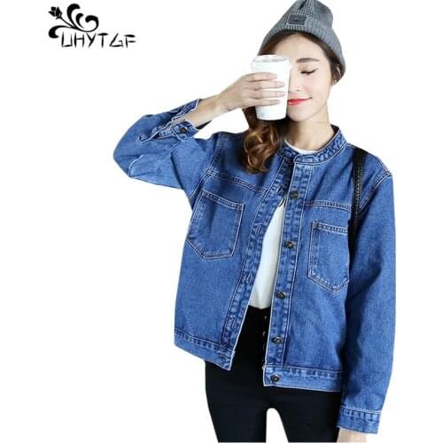 UHYTGF Spring Autumn Denim Jackets Women Standing Collar Casual Short Coat Female Korean Fashion Loose Jeans Outerwear 351