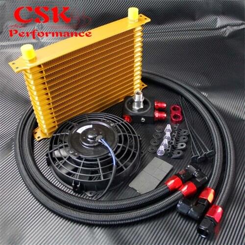 Universal 15 Row 262mm AN10 Trust Oil Cooler w/ Thermostat Adapter+7" Electric Fan Kit Gold