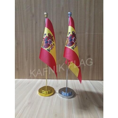 KAFNIK,Spain Office table desk flag with gold or silver metal flagpole base 14*21cm country flag free shipping